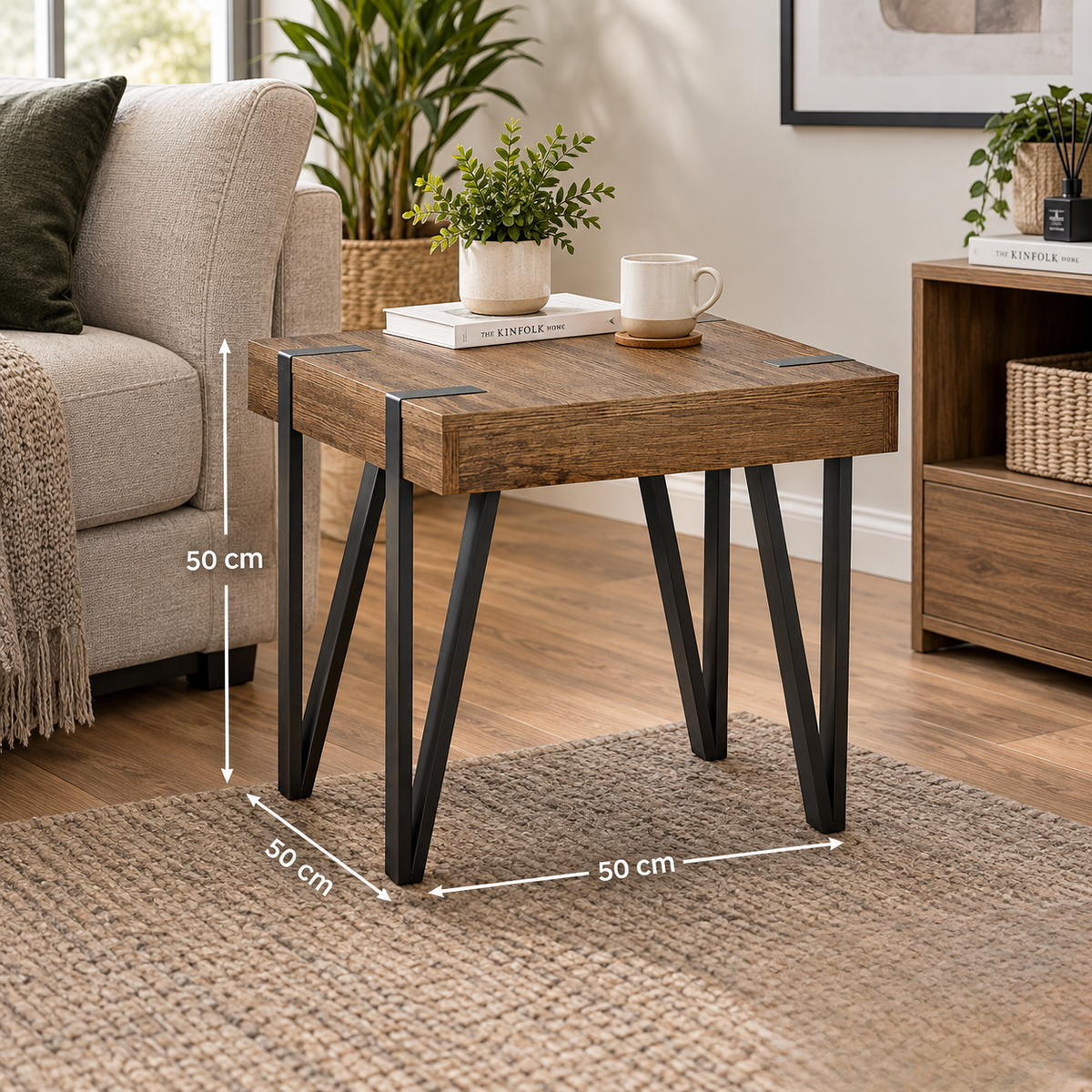 Troy 50cm Square Side Table – Rustic Wood Effect with Black Metal Legs
