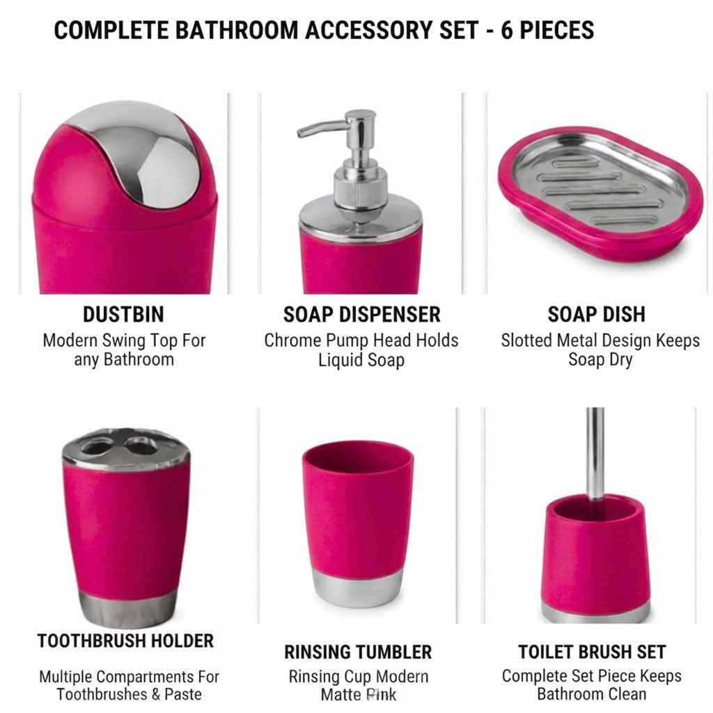 Bathlux Modern Design 6 Piece Bathroom Accessory Set, Toilet Brush, Waste Bin, Soap Dish, Tooth Brush Holder Soap Dispenser, Rinse Cup (Dark Pink)