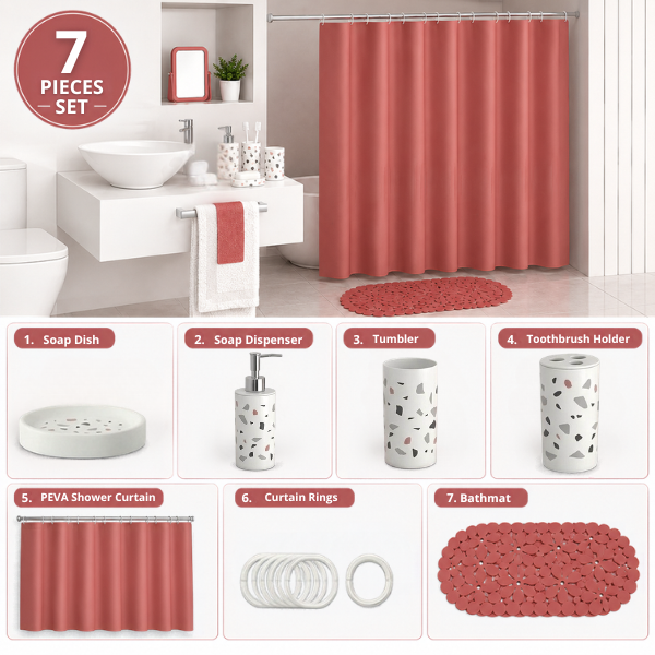 Modern Design 7 Piece Plastic Bathroom Accessory Set, Soap Dish, Tooth Brush Holder, Soap Dispenser, Tumbler, Shower Curtain, Curtain Rings and Bathmat (Red)