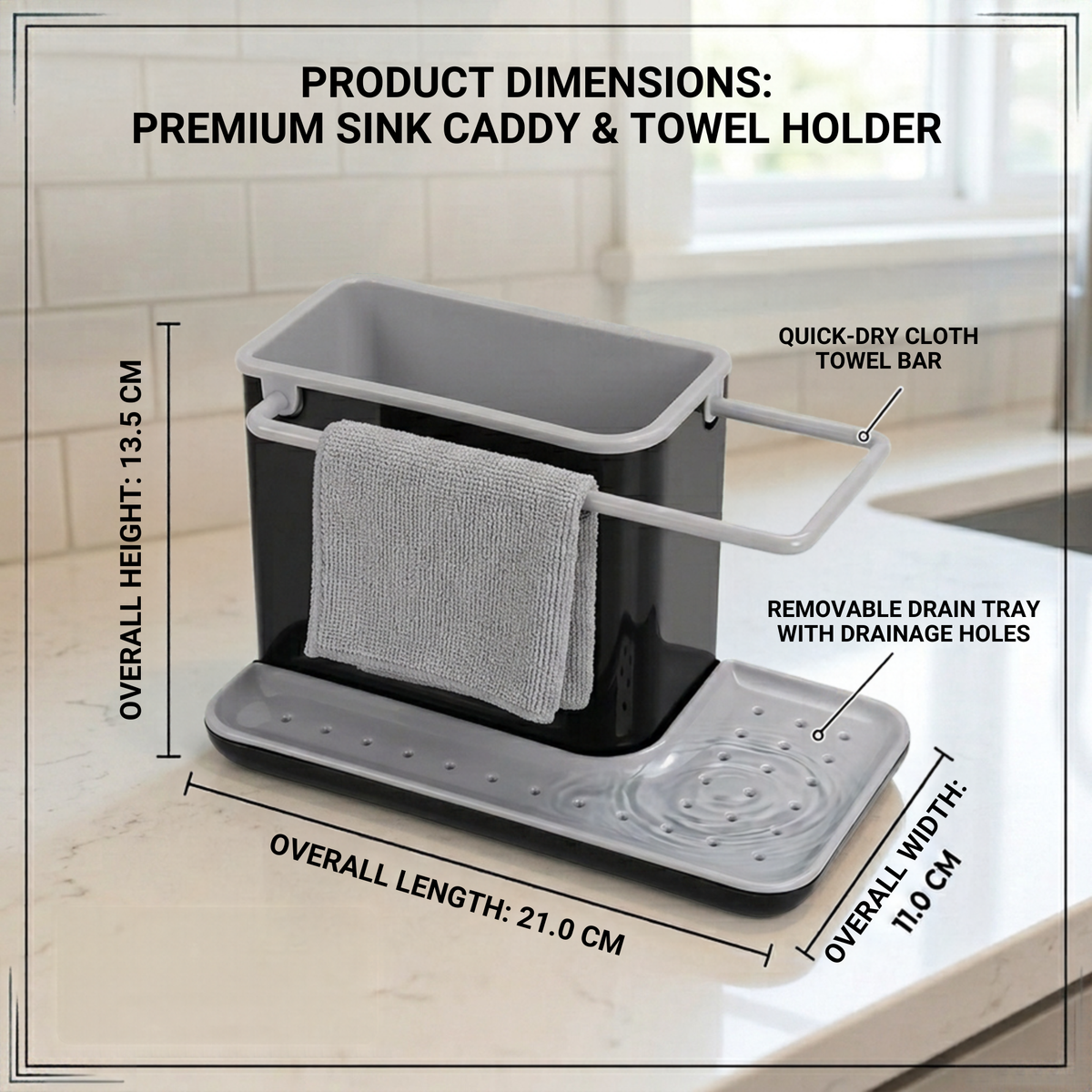 Fingey Premium Sink Caddy with Towel Holder, Removable Drain Tray, Drainage Holes, Kitchen Sink Organiser for Sponge, Dishcloth and Cleaning Accessories, 21 x 11 x 13.5 cm