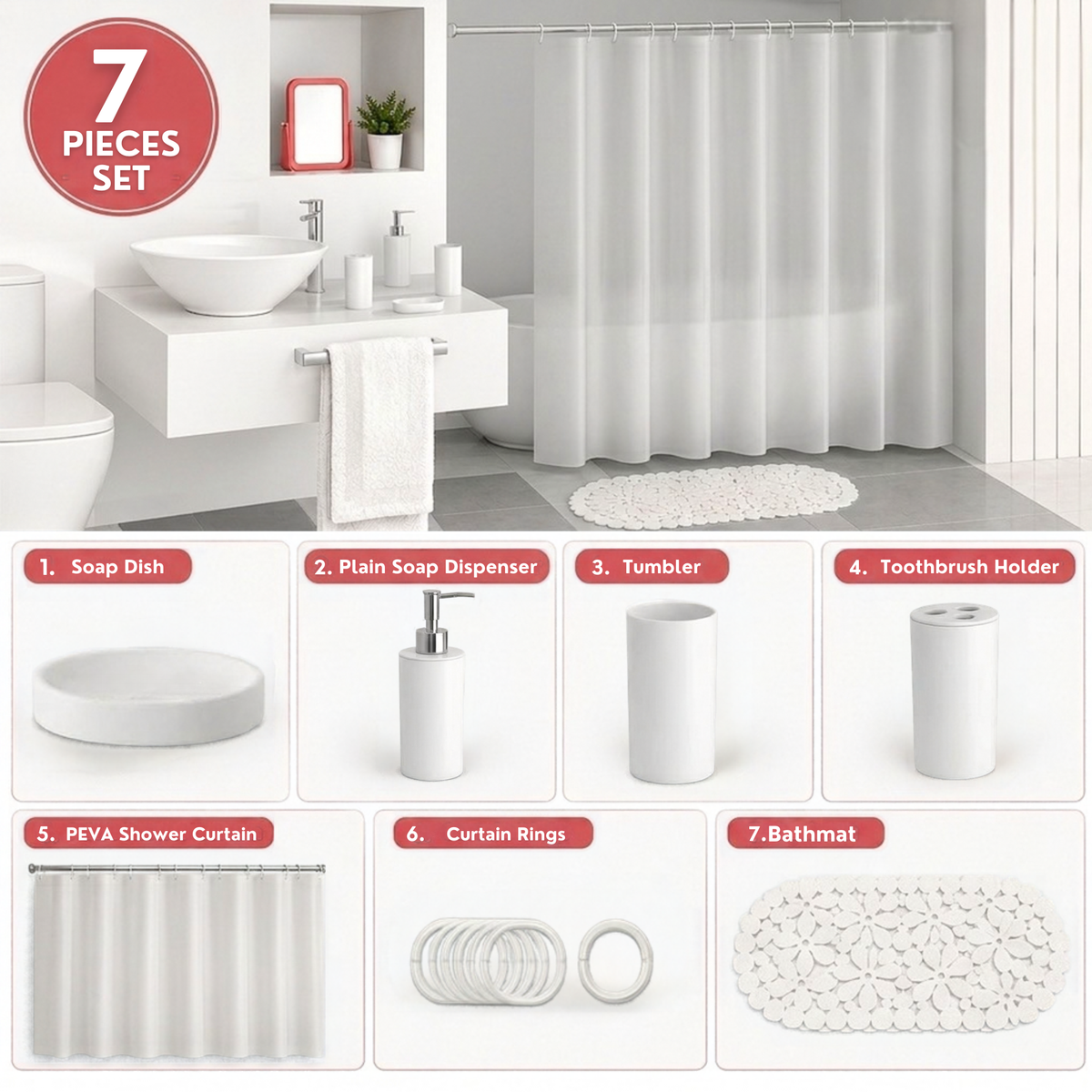 Modern Design 7 Piece Plastic Bathroom Accessory Set, Soap Dish, Tooth Brush Holder, Soap Dispenser, Tumbler, Shower Curtain, Curtain Rings and Bathmat (White)