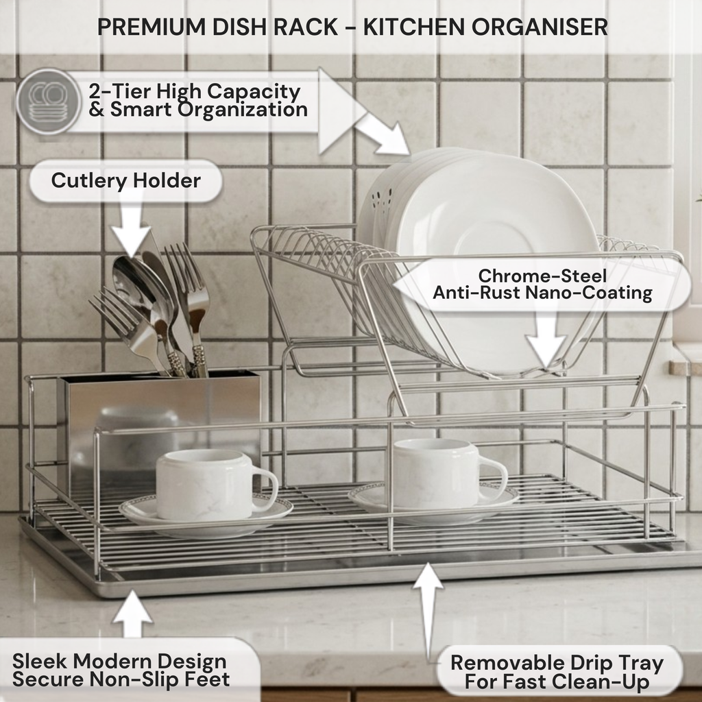 Stainless Steel Dish Drainer with Drip Tray and Cutlery Holder (2 Tier Steel)