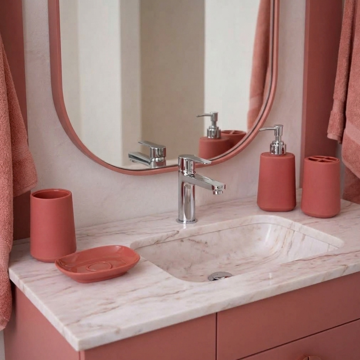 Modern Design 4 Piece Bathroom Accessory Set, Soap Dish, Tooth Brush Holder, Soap Dispenser, Rinse Cup (Dark Pink)