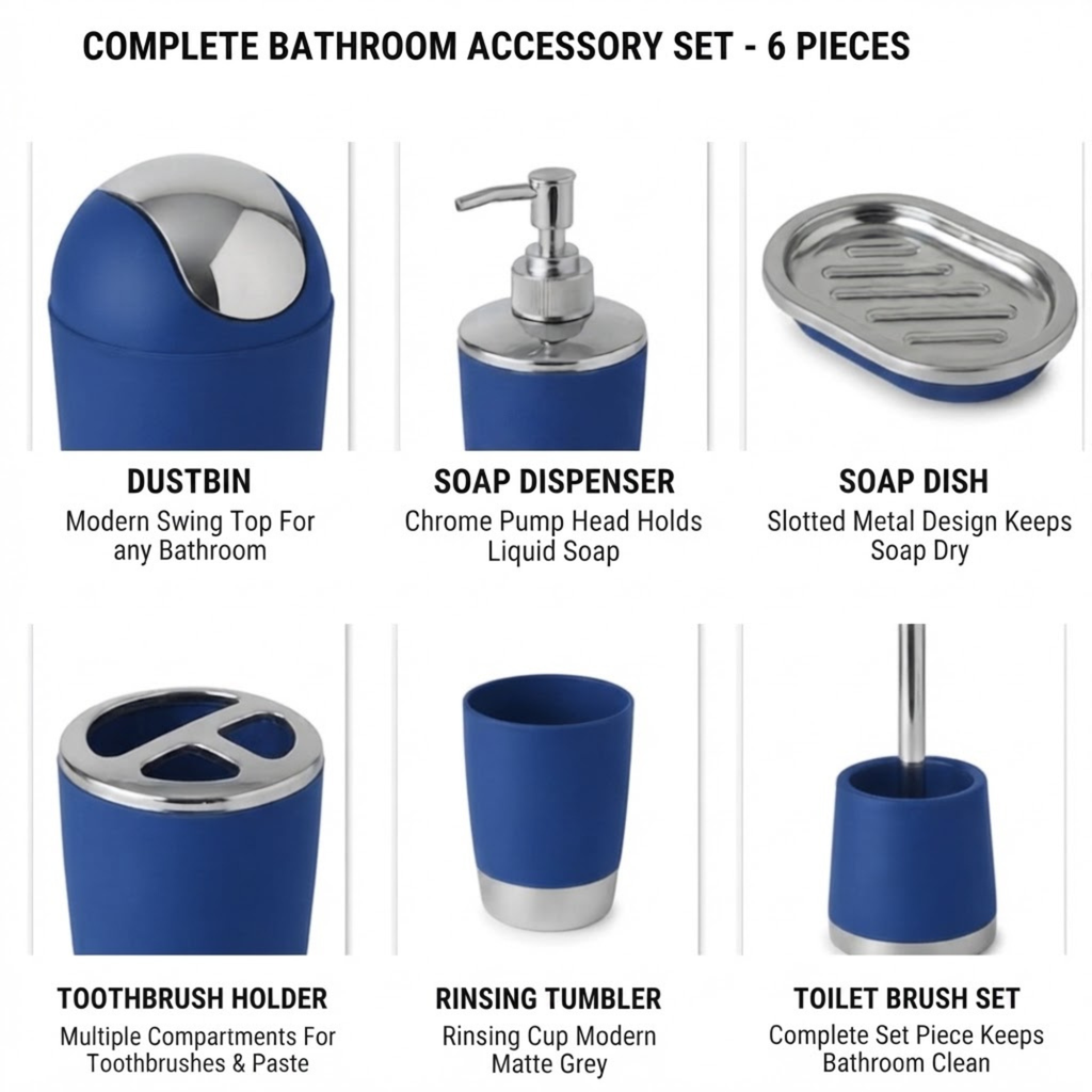 Bathlux Modern Design 6 Piece Bathroom Accessory Set, Toilet Brush, Waste Bin, Soap Dish, Tooth Brush Holder Soap Dispenser, Rinse Cup (Blue)
