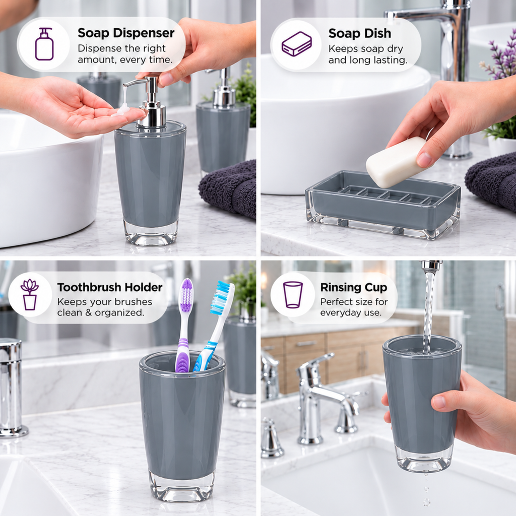 Modern Design 4 Piece Bathroom Accessory Set, Soap Dish, Tooth Brush Holder, Soap Dispenser, Rinse Cup (Grey)