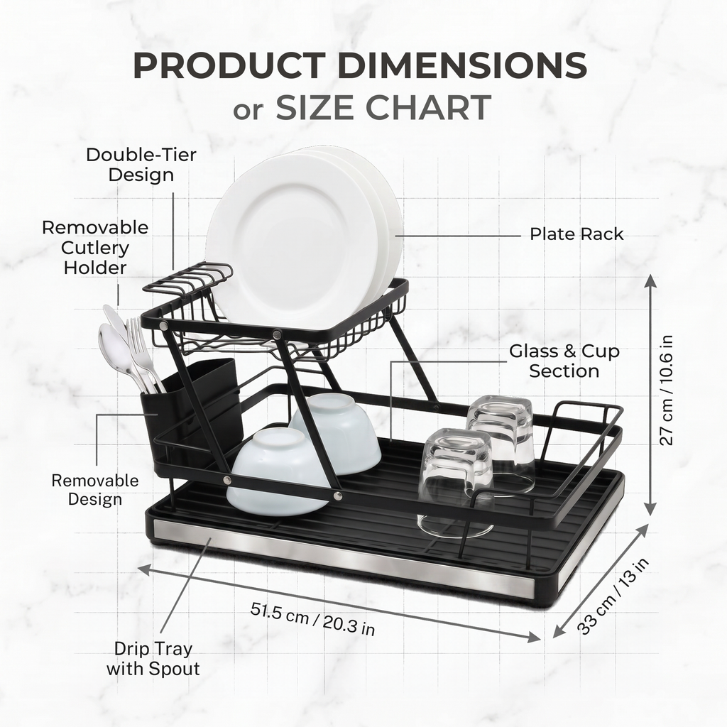 Fingey 2 Tier Folding Dish Drying Rack with Removable Drip Tray, Black Metal Plate Drainer with Cutlery Holder, Space-Saving Foldable Kitchen Dish Rack for Plates, Bowls, Cups and Glasses