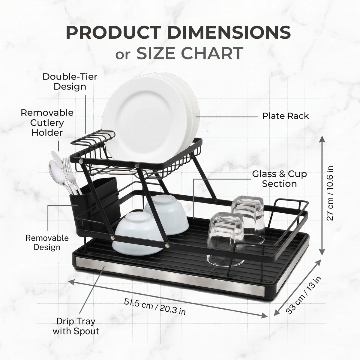 Fingey 2 Tier Folding Dish Drying Rack with Removable Drip Tray, Black Metal Plate Drainer with Cutlery Holder, Space-Saving Foldable Kitchen Dish Rack for Plates, Bowls, Cups and Glasses