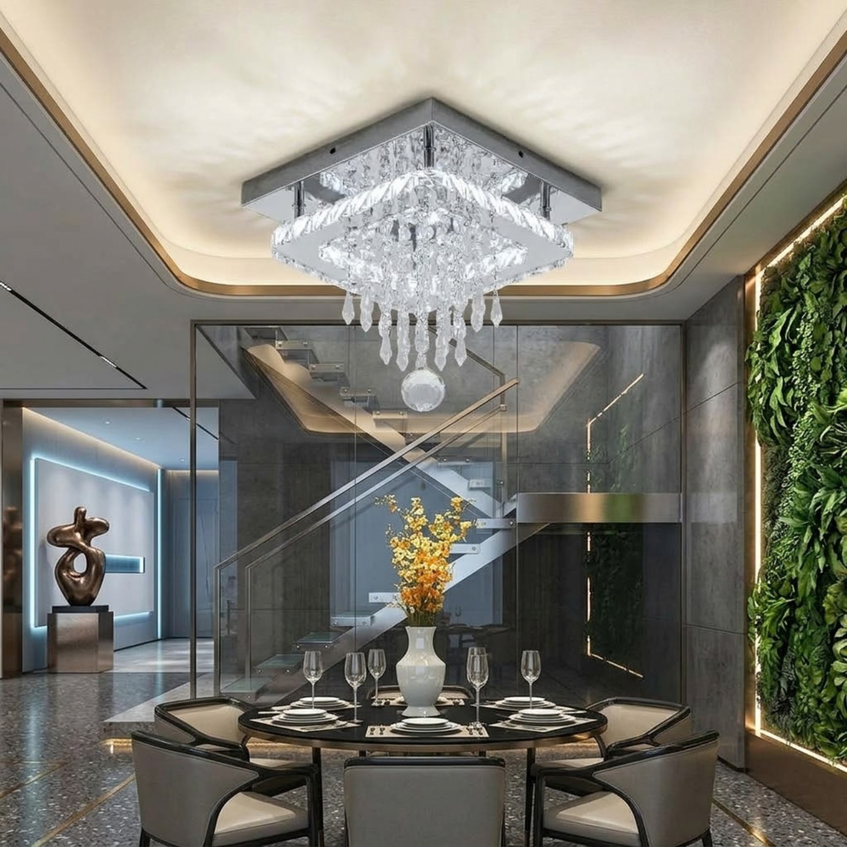 Fingey Crystal Flush Mount Ceiling Light, 25 × 25 cm Square Chrome Finish Ceiling Lamp with K9 Crystal Drops and Faceted Crystal Sphere
