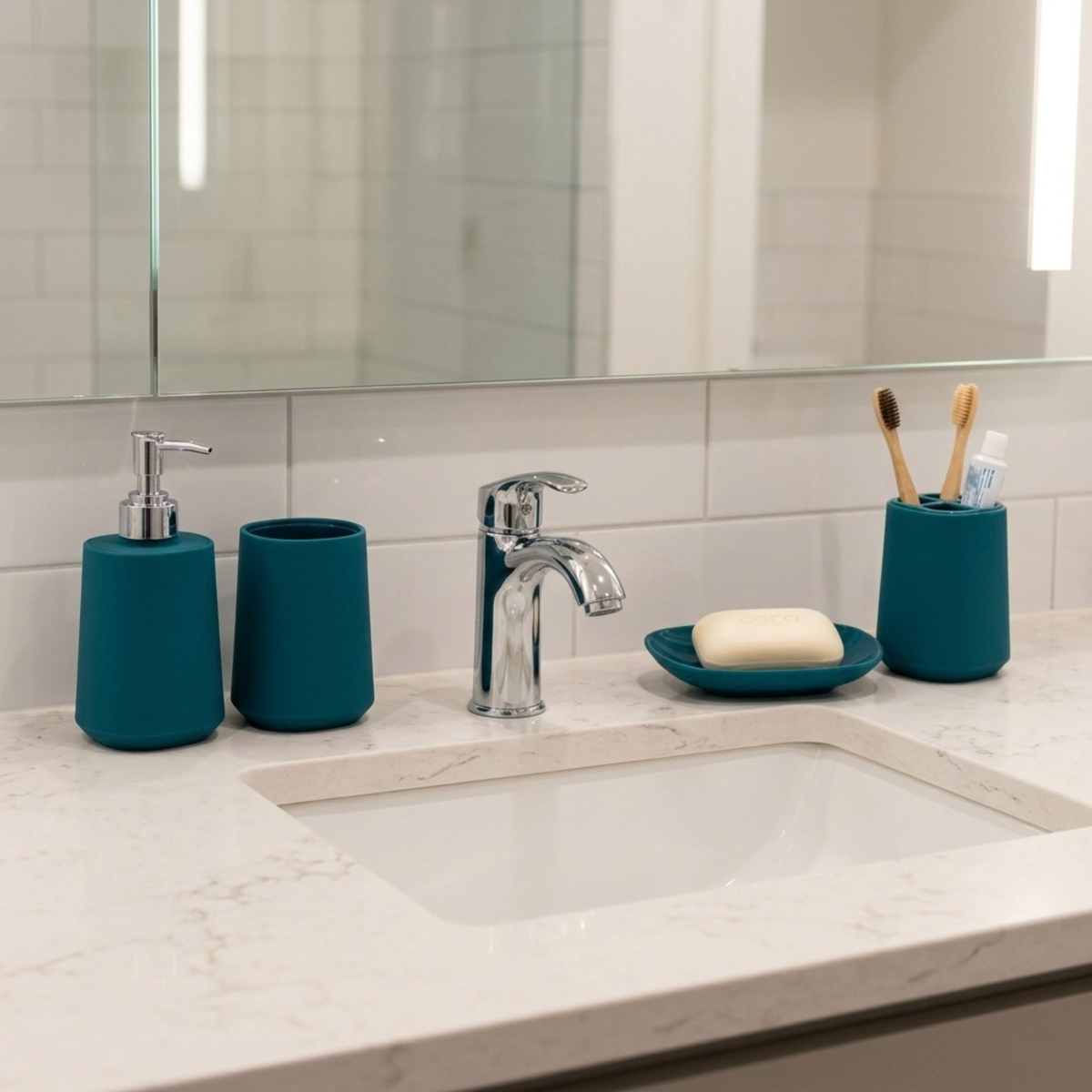 Modern Design 4 Piece Bathroom Accessory Set, Soap Dish, Tooth Brush Holder, Soap Dispenser, Rinse Cup (Teal)