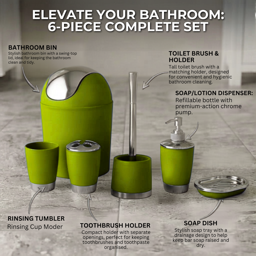 Bathlux Modern Design 6 Piece Bathroom Accessory Set, Toilet Brush, Waste Bin, Soap Dish, Tooth Brush Holder Soap Dispenser, Rinse Cup (Green)