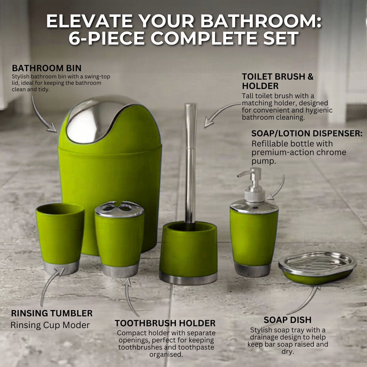 Bathlux Modern Design 6 Piece Bathroom Accessory Set, Toilet Brush, Waste Bin, Soap Dish, Tooth Brush Holder Soap Dispenser, Rinse Cup (Green)