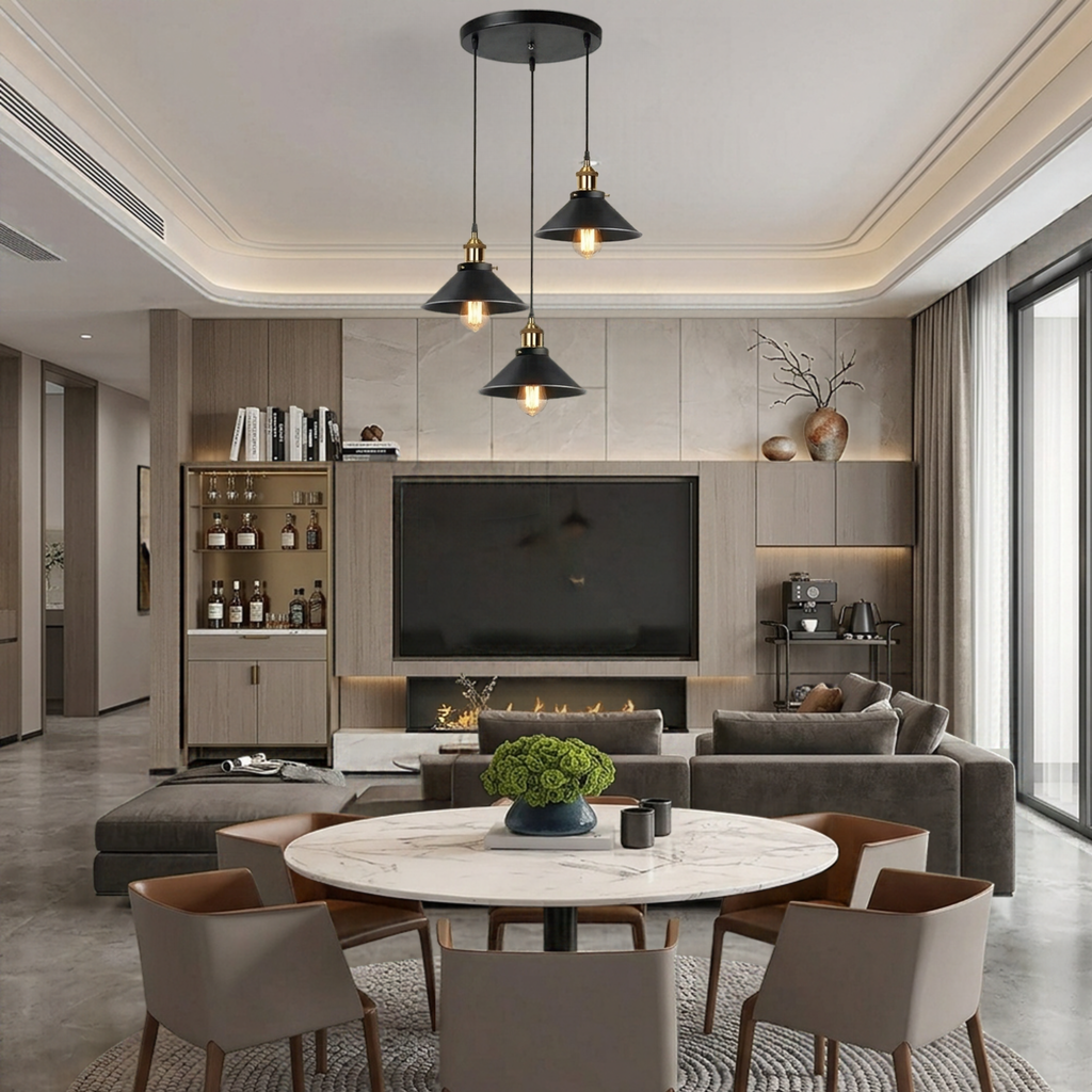 Fingey Set of 3 Industrial Ceiling Pendant Lights, Black Metal Cone Shades with Brass Gold Fittings, Adjustable Hanging Chandelier for Kitchen Island, Dining Room, Living Room, Bedroom, 22cm Shade