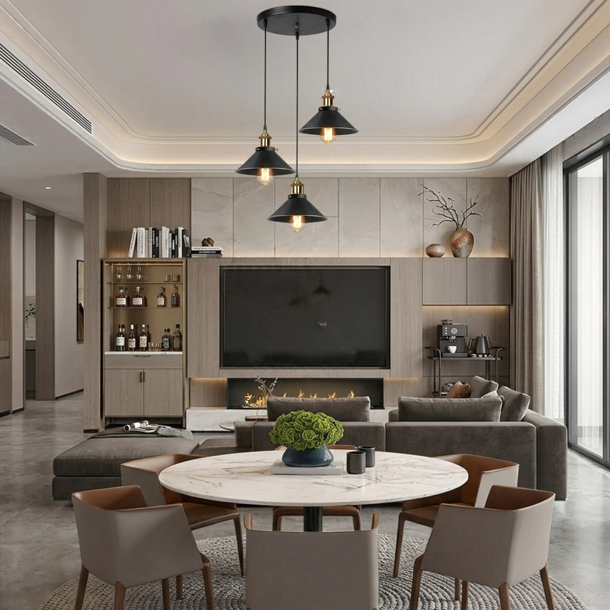 Fingey Set of 3 Industrial Ceiling Pendant Lights, Black Metal Cone Shades with Brass Gold Fittings, Adjustable Hanging Chandelier for Kitchen Island, Dining Room, Living Room, Bedroom, 22cm Shade