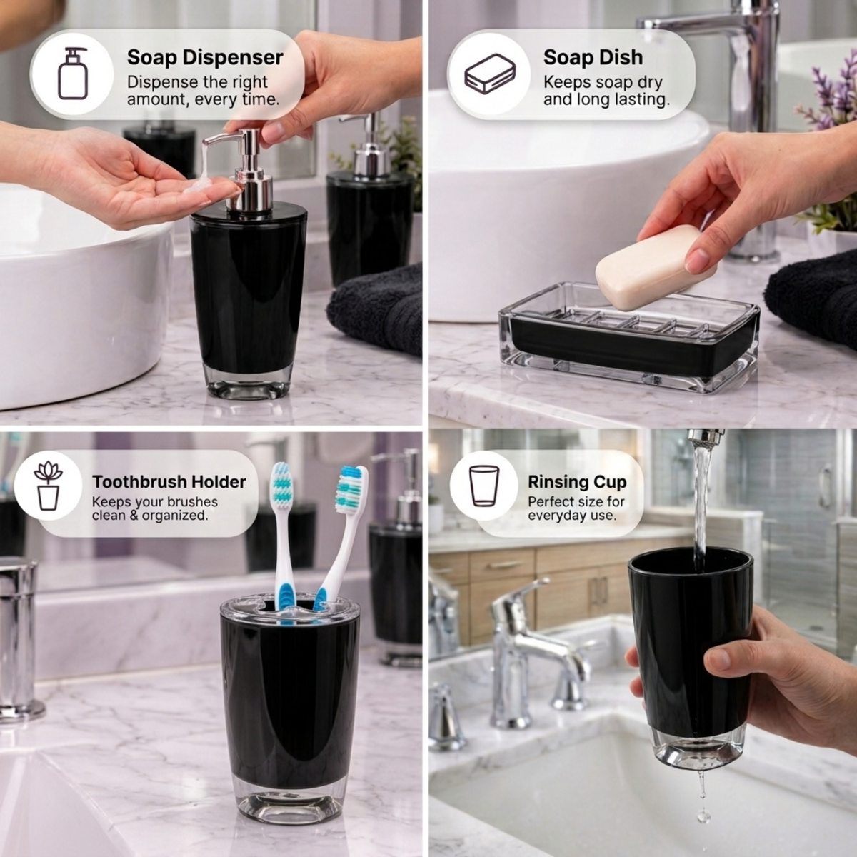 Modern Design 4 Piece Bathroom Accessory Set, Soap Dish, Tooth Brush Holder, Soap Dispenser, Rinse Cup (Black)