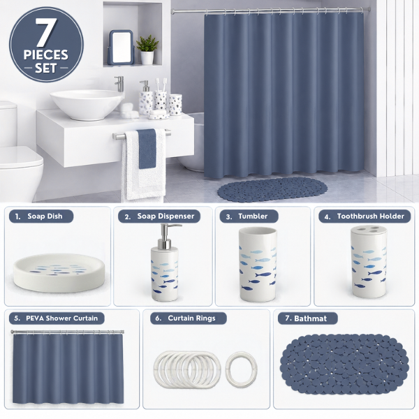 Modern Design 7 Piece Plastic Bathroom Accessory Set, Soap Dish, Tooth Brush Holder, Soap Dispenser, Tumbler, Shower Curtain, Curtain Rings and Bathmat (Blue)