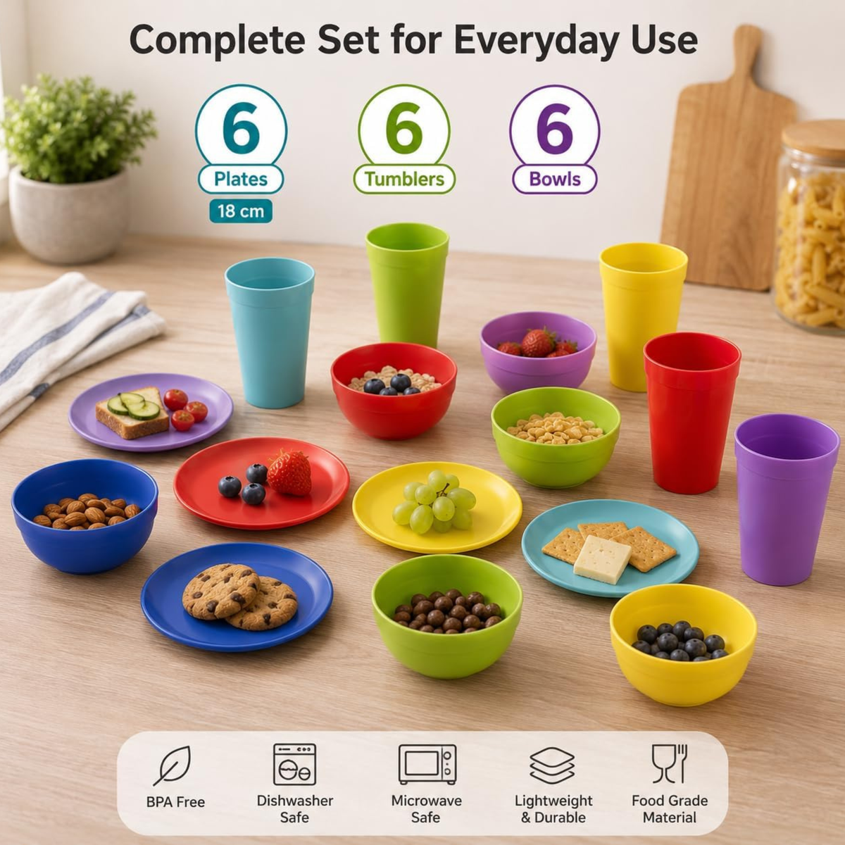 Plastic Dinnerware Set of 18 Pieces, Reusable Light Weight Plates Mugs Bowls Dishes Microwave Safe BPA Free Dishwasher Safe Service for 6 (Multi 18 Piece)