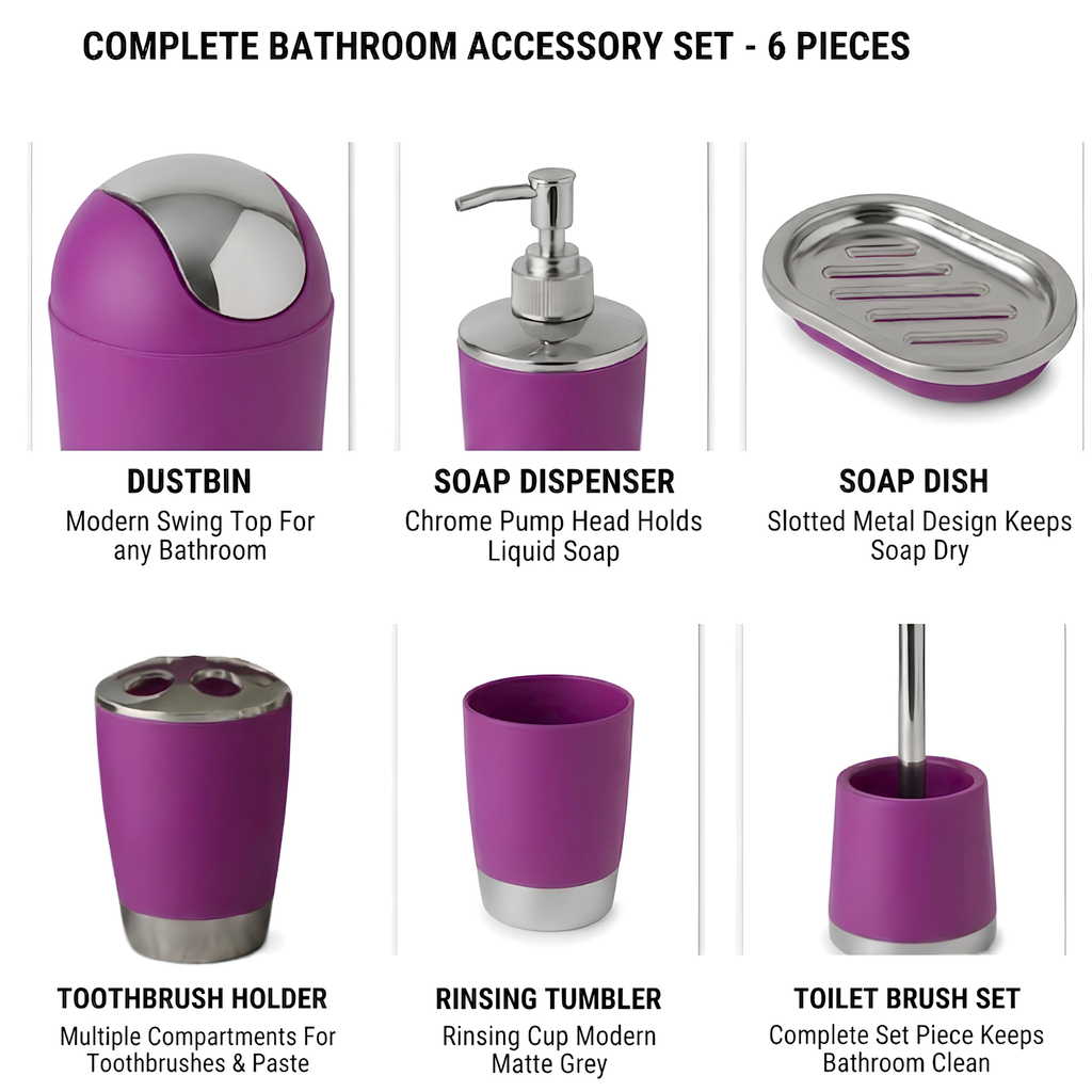 Bathlux Modern Design 6 Piece Bathroom Accessory Set, Toilet Brush, Waste Bin, Soap Dish, Tooth Brush Holder Soap Dispenser, Rinse Cup (Purple)
