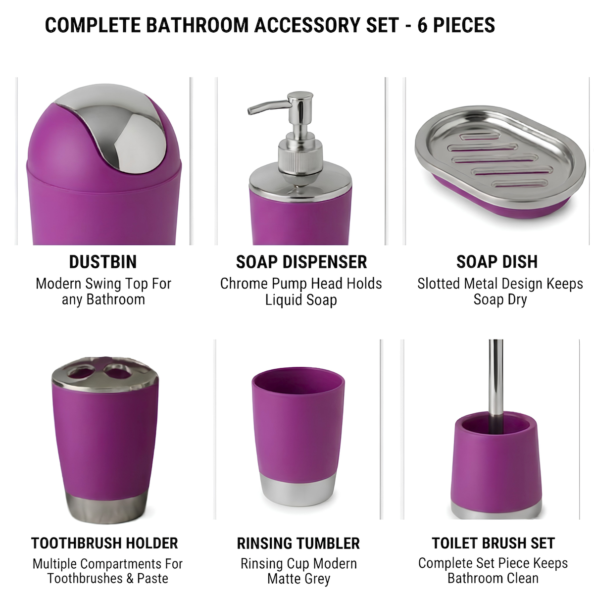 Bathlux Modern Design 6 Piece Bathroom Accessory Set, Toilet Brush, Waste Bin, Soap Dish, Tooth Brush Holder Soap Dispenser, Rinse Cup (Purple)