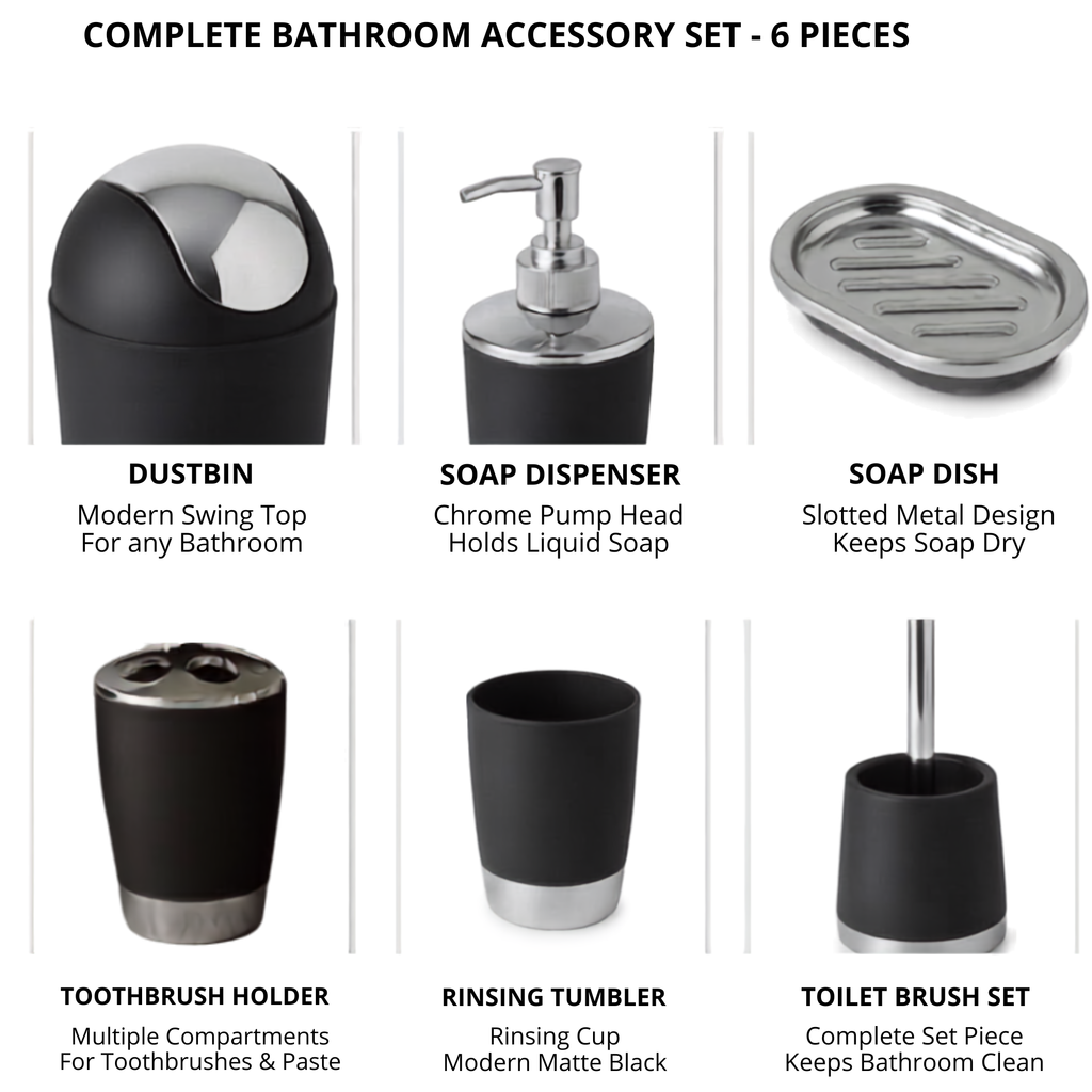 Bathlux Modern Design 6 Piece Bathroom Accessory Set, Toilet Brush, Waste Bin, Soap Dish, Tooth Brush Holder Soap Dispenser, Rinse Cup (Black)