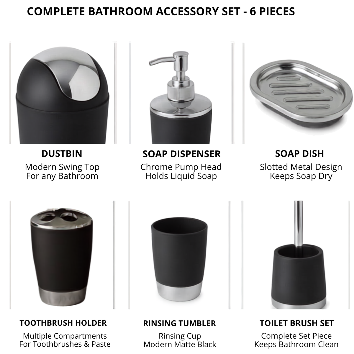 Bathlux Modern Design 6 Piece Bathroom Accessory Set, Toilet Brush, Waste Bin, Soap Dish, Tooth Brush Holder Soap Dispenser, Rinse Cup (Black)