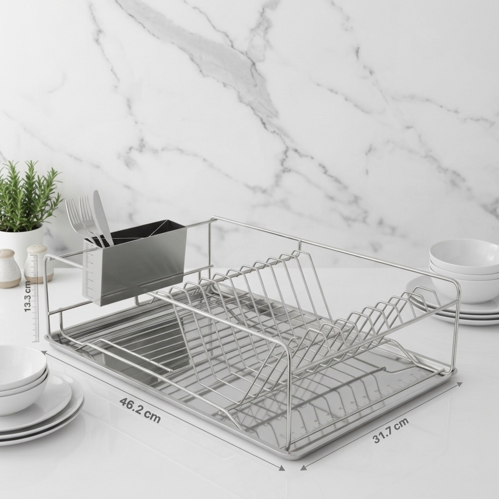 Stainless Rectangular Steel Dish Drainer with Drip Tray and Cutlery Holder(Rectangular with Tray)