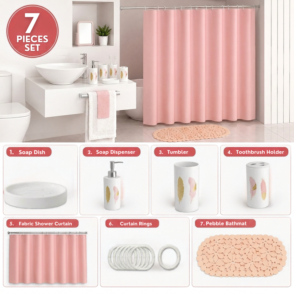 Modern Design 7 Piece Plastic Bathroom Accessory Set, Soap Dish, Tooth Brush Holder, Soap Dispenser, Tumbler, Shower Curtain, Curtain Rings and Bathmat (Pink)