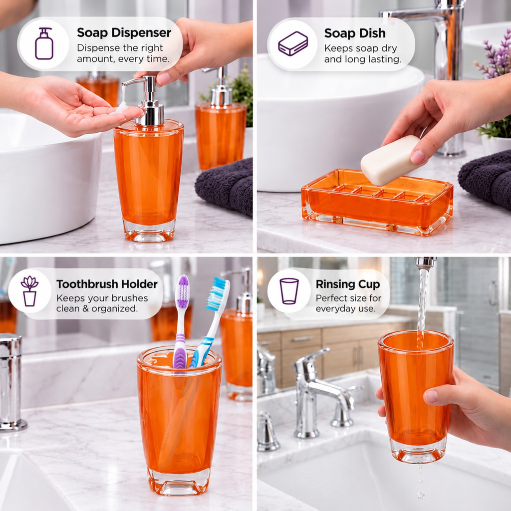 Modern Design 4 Piece Bathroom Accessory Set, Soap Dish, Tooth Brush Holder, Soap Dispenser, Rinse Cup (Orange)