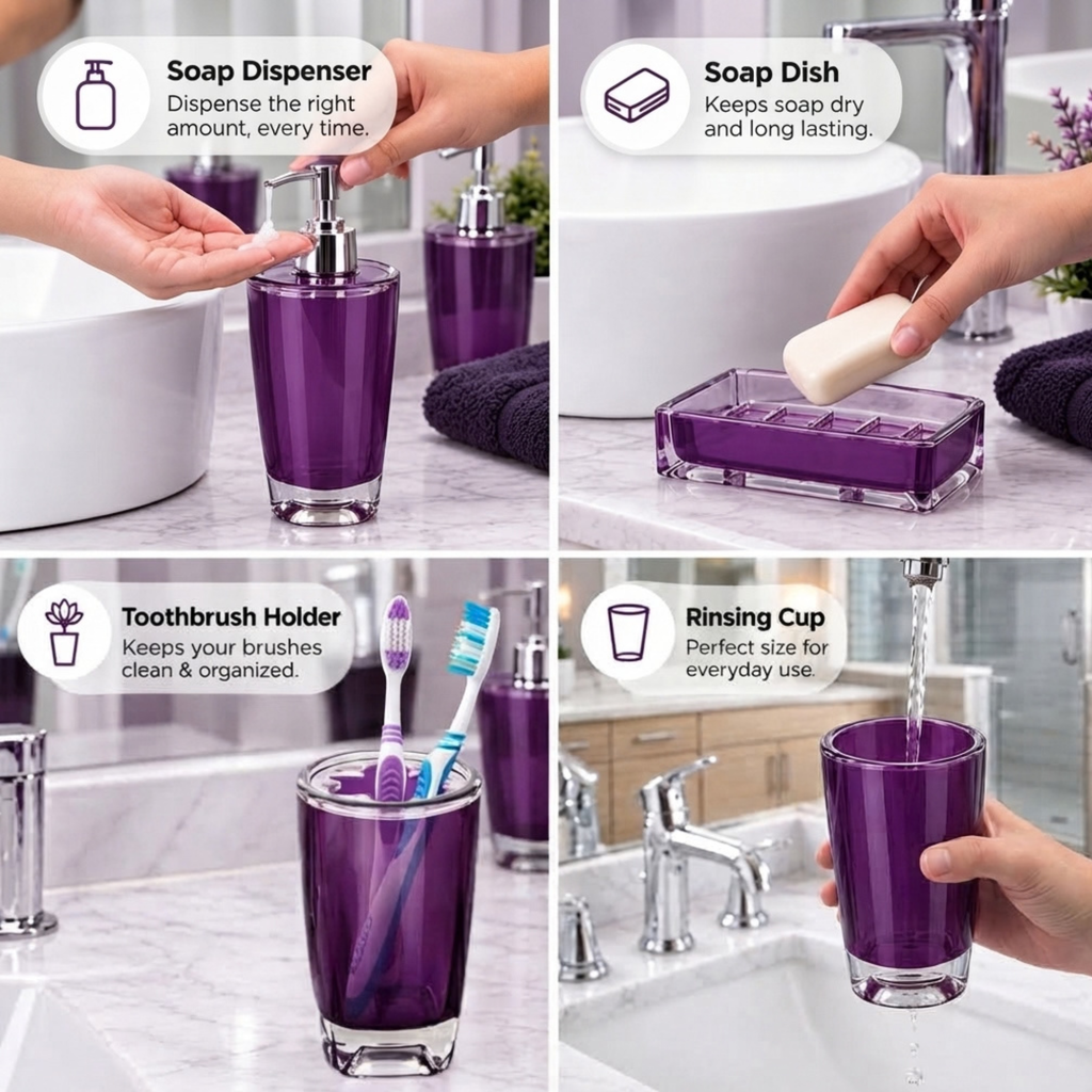 Modern Design 4 Piece Bathroom Accessory Set, Soap Dish, Tooth Brush Holder, Soap Dispenser, Rinse Cup (Purple)