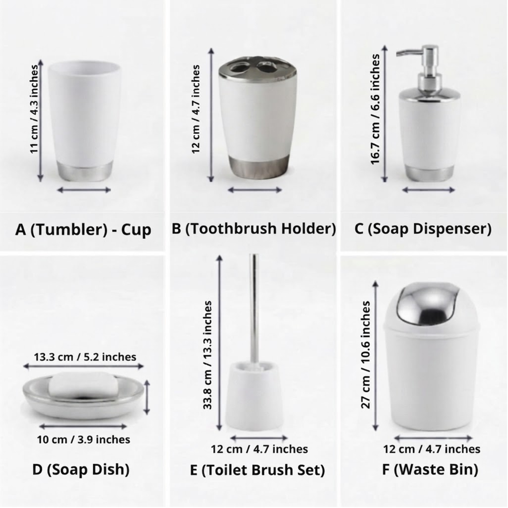 Bathlux Modern Design 6 Piece Bathroom Accessory Set, Toilet Brush, Waste Bin, Soap Dish, Tooth Brush Holder Soap Dispenser, Rinse Cup (White)