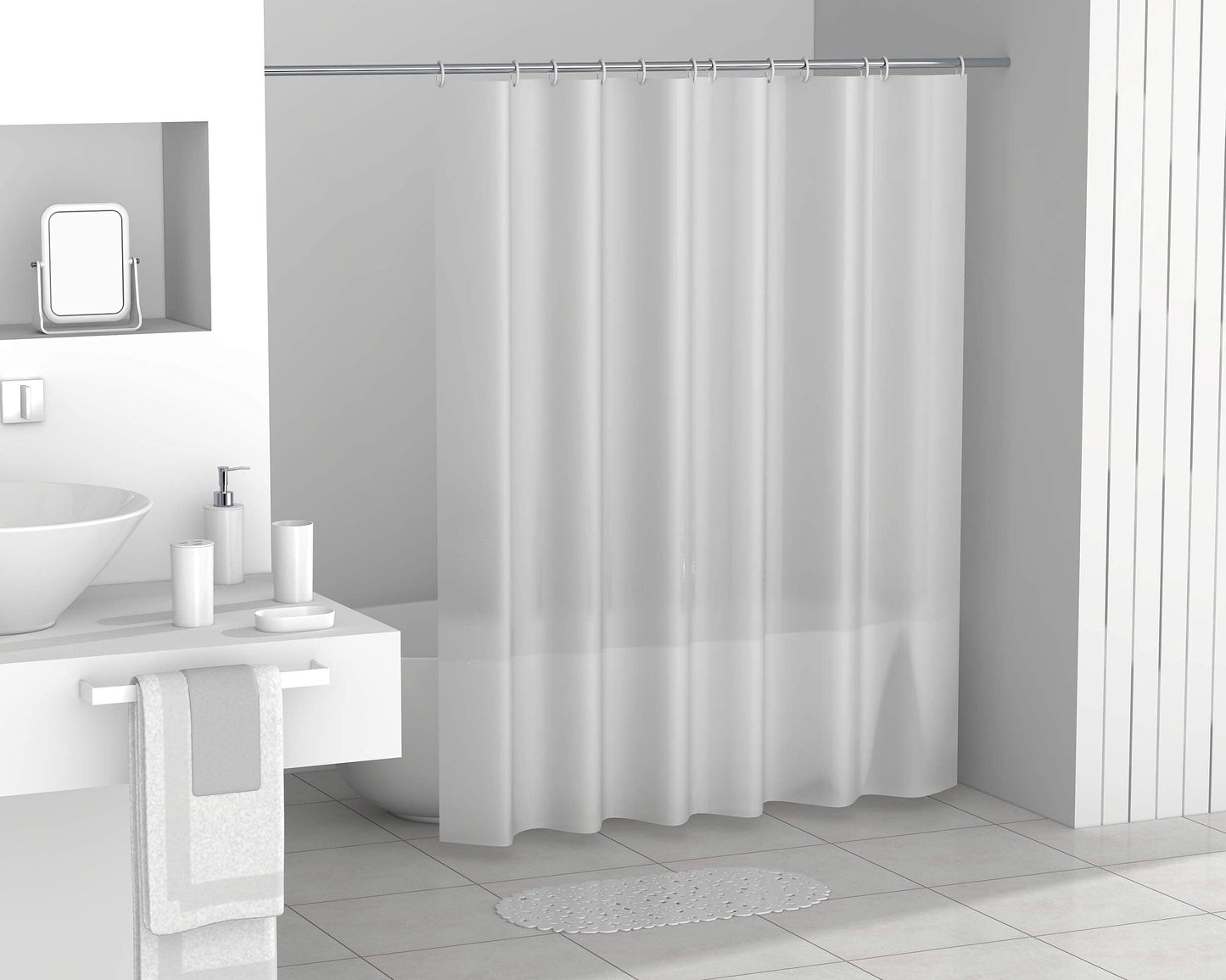 FurnitureXtra Modern Design 7 Piece Plastic Bathroom Accessory Set, Soap Dish, Tooth Brush Holder, Soap Dispenser, Tumbler, Shower Curtain, Curtain Rings and Bathmat