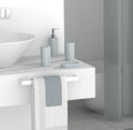 Modern Design 7 Piece Plastic Bathroom Accessory Set, Soap Dish, Tooth Brush Holder, Soap Dispenser, Tumbler, Shower Curtain, Curtain Rings and Bathmat (Grey)