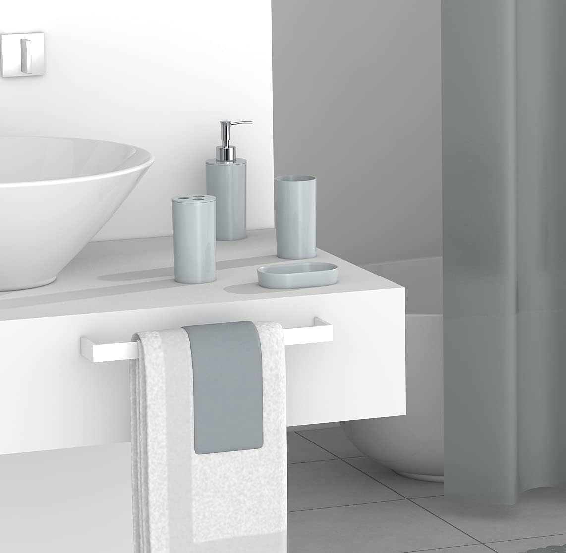 Modern Design 7 Piece Plastic Bathroom Accessory Set, Soap Dish, Tooth Brush Holder, Soap Dispenser, Tumbler, Shower Curtain, Curtain Rings and Bathmat (Grey)
