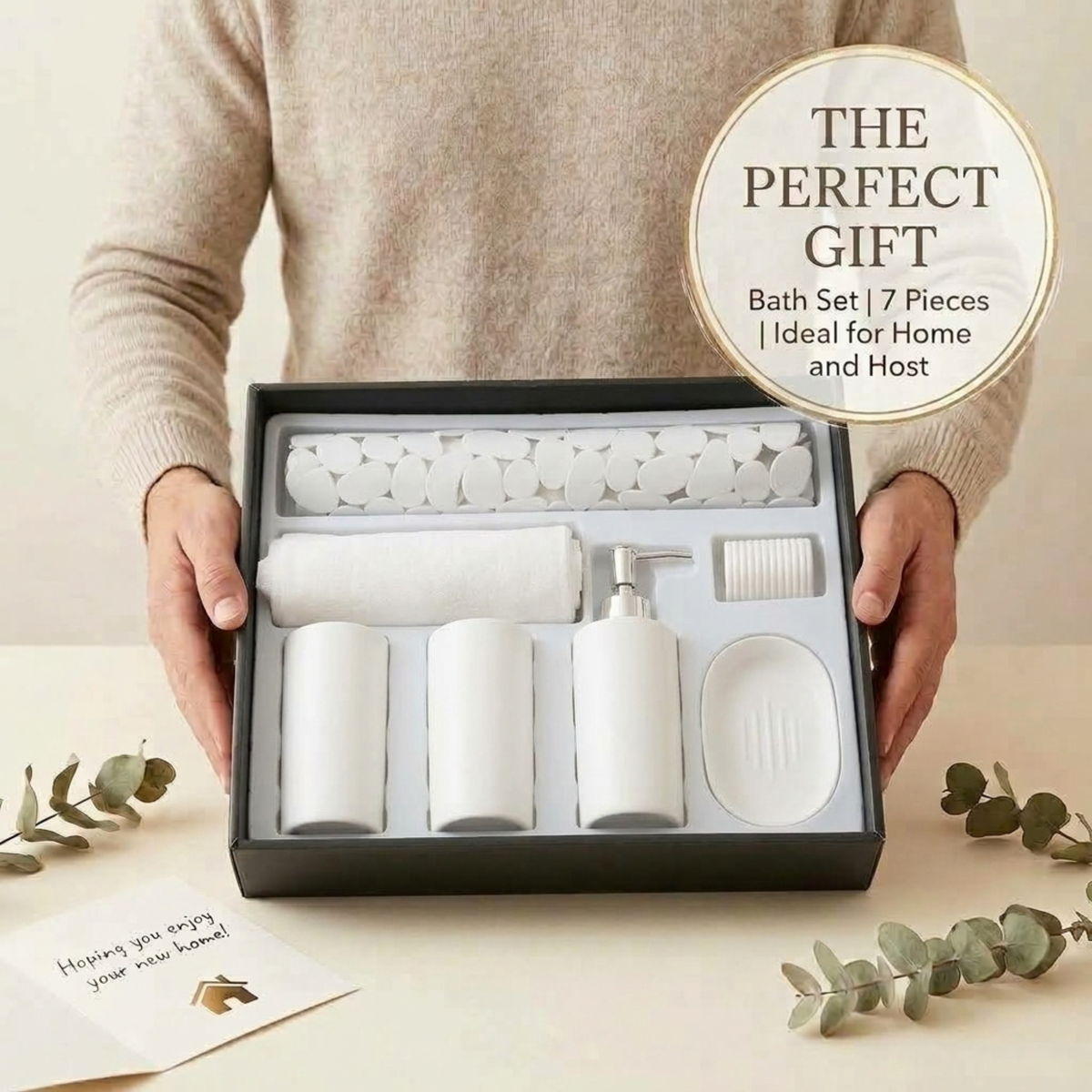 Modern Design 7 Piece Plastic Bathroom Accessory Set, Soap Dish, Tooth Brush Holder, Soap Dispenser, Tumbler, Shower Curtain, Curtain Rings and Bathmat (White)