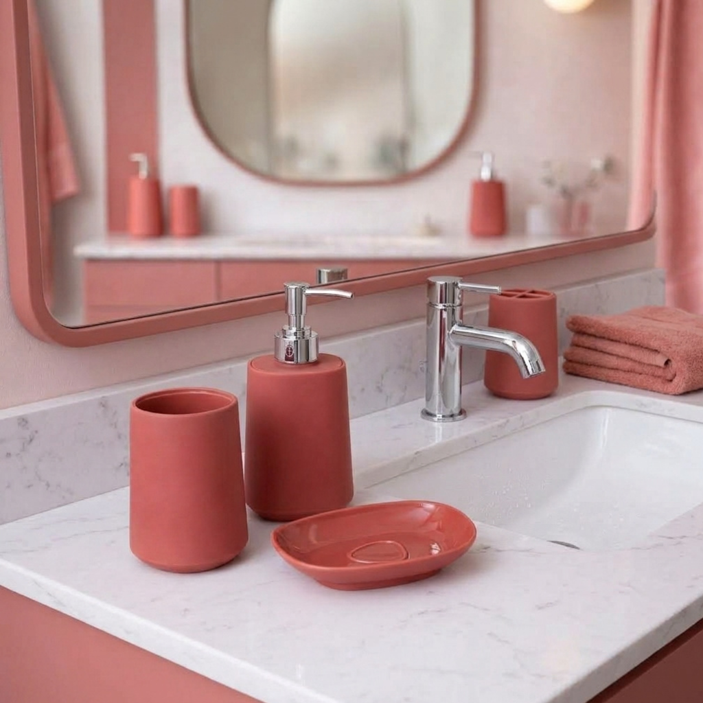 Modern Design 4 Piece Bathroom Accessory Set, Soap Dish, Tooth Brush Holder, Soap Dispenser, Rinse Cup (Dark Pink)
