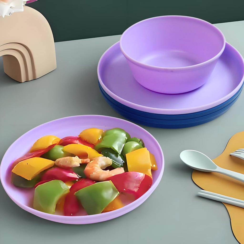 Plastic Dinnerware Set of 16 Pieces, Reusable Light Weight Plates Mugs Bowls Dishes Microwave Safe BPA Free Dishwasher Safe Service for 4 (Purple)
