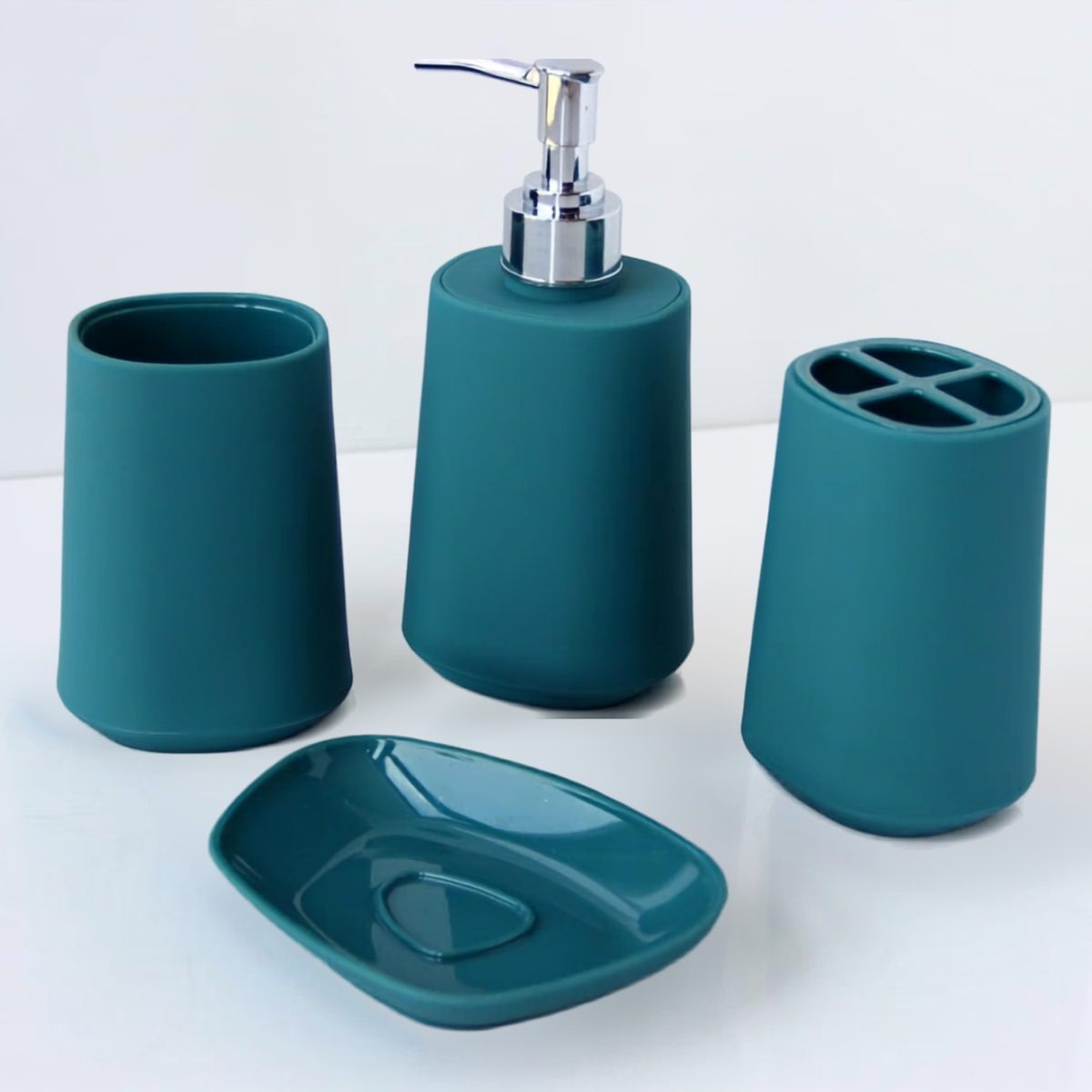 Modern Design 4 Piece Bathroom Accessory Set, Soap Dish, Tooth Brush Holder, Soap Dispenser, Rinse Cup (Teal)