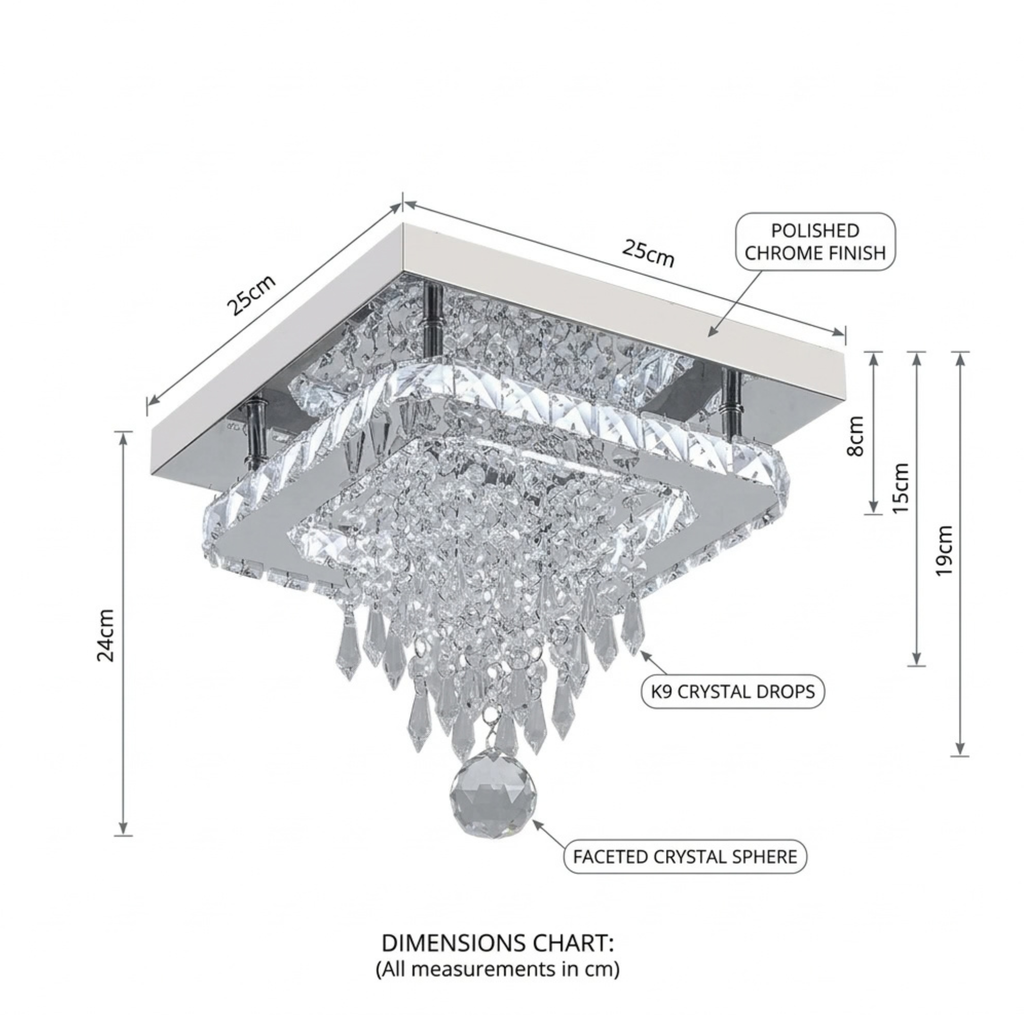 Fingey Crystal Flush Mount Ceiling Light, 25 × 25 cm Square Chrome Finish Ceiling Lamp with K9 Crystal Drops and Faceted Crystal Sphere