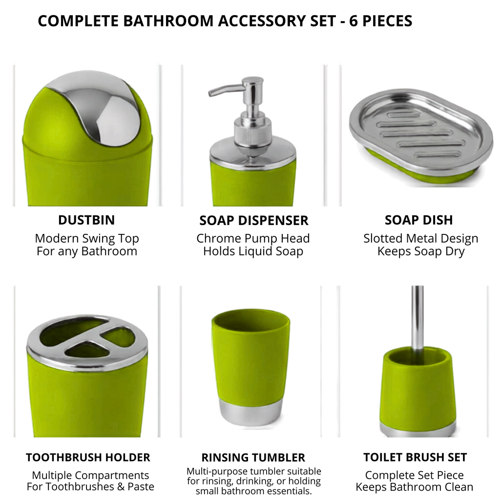 Bathlux Modern Design 6 Piece Bathroom Accessory Set, Toilet Brush, Waste Bin, Soap Dish, Tooth Brush Holder Soap Dispenser, Rinse Cup (Green)