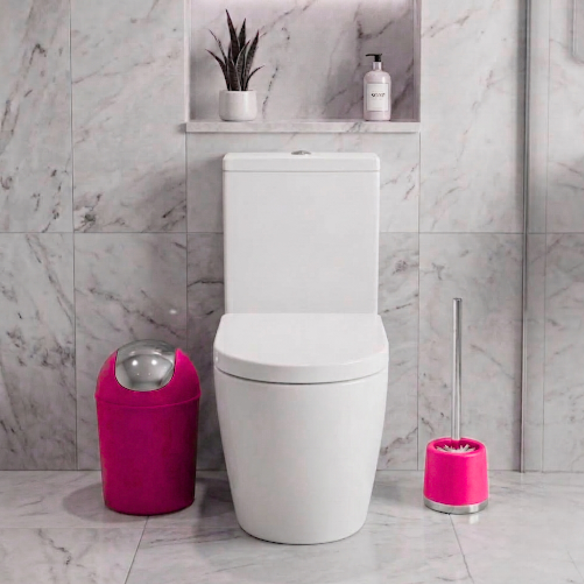Bathlux Modern Design 6 Piece Bathroom Accessory Set, Toilet Brush, Waste Bin, Soap Dish, Tooth Brush Holder Soap Dispenser, Rinse Cup (Dark Pink)