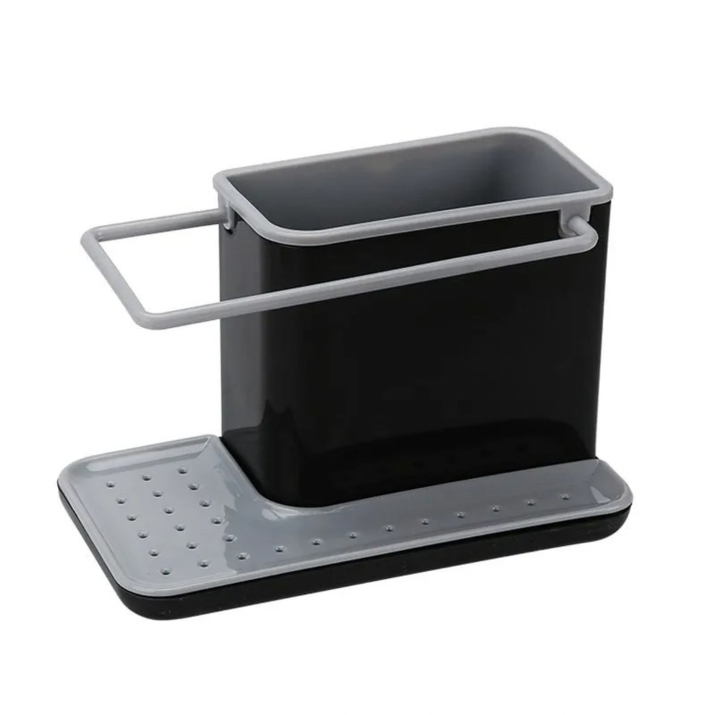 Fingey Premium Sink Caddy with Towel Holder, Removable Drain Tray, Drainage Holes, Kitchen Sink Organiser for Sponge, Dishcloth and Cleaning Accessories, 21 x 11 x 13.5 cm