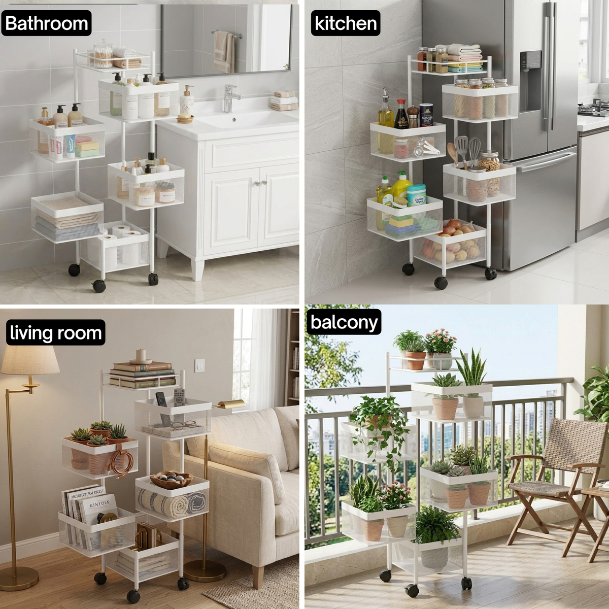 FINGEY Multi-Layer Rotatable Storage Rack, 5-Tier Kitchen Organizer with Removable Vegetable Baskets, Rolling Storage Cart Trolley for Kitchen, Bathroom and Household Storage