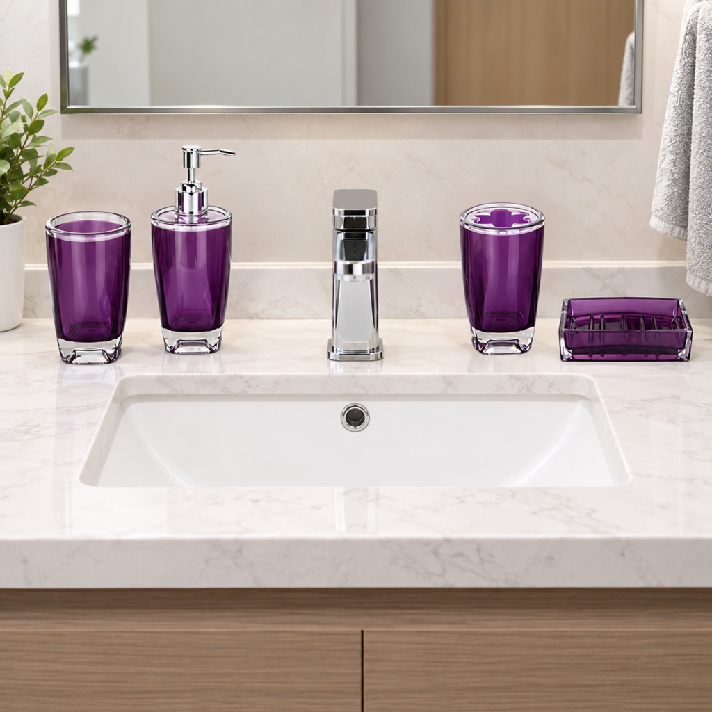 Modern Design 4 Piece Bathroom Accessory Set, Soap Dish, Tooth Brush Holder, Soap Dispenser, Rinse Cup (Purple)