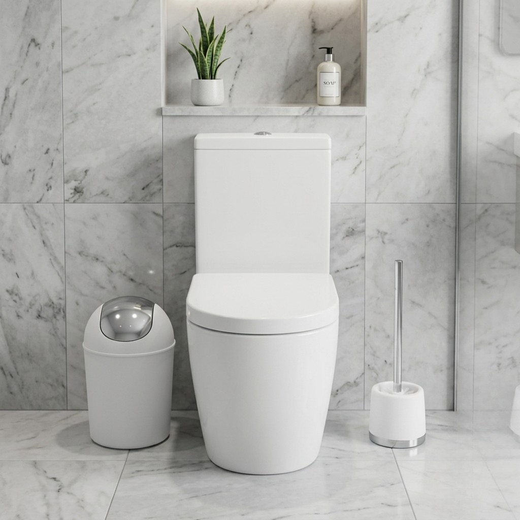 Bathlux Modern Design 6 Piece Bathroom Accessory Set, Toilet Brush, Waste Bin, Soap Dish, Tooth Brush Holder Soap Dispenser, Rinse Cup (White)