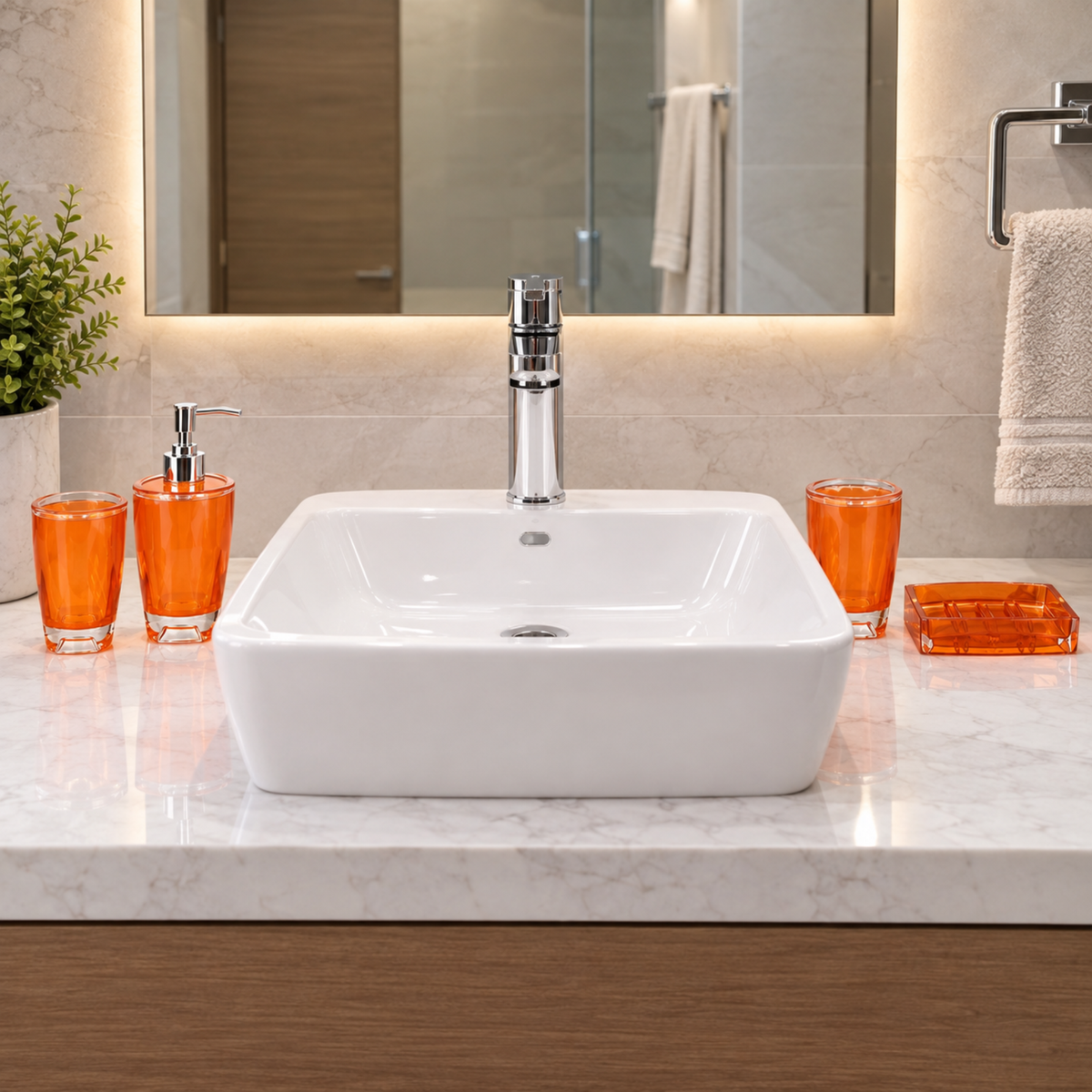 Modern Design 4 Piece Bathroom Accessory Set, Soap Dish, Tooth Brush Holder, Soap Dispenser, Rinse Cup (Orange)