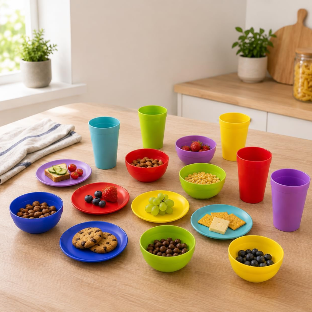 Plastic Dinnerware Set of 18 Pieces, Reusable Light Weight Plates Mugs Bowls Dishes Microwave Safe BPA Free Dishwasher Safe Service for 6 (Multi 18 Piece)