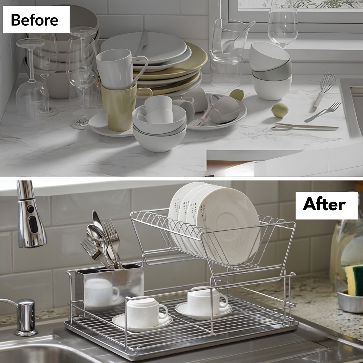 Stainless Steel Dish Drainer with Drip Tray and Cutlery Holder (2 Tier Steel)