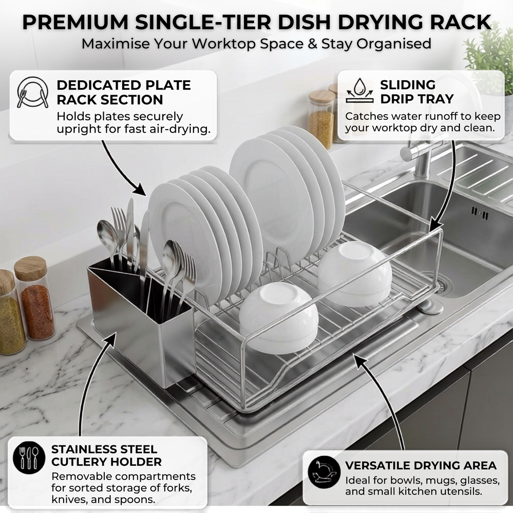 Stainless Rectangular Steel Dish Drainer with Drip Tray and Cutlery Holder(Rectangular with Tray)