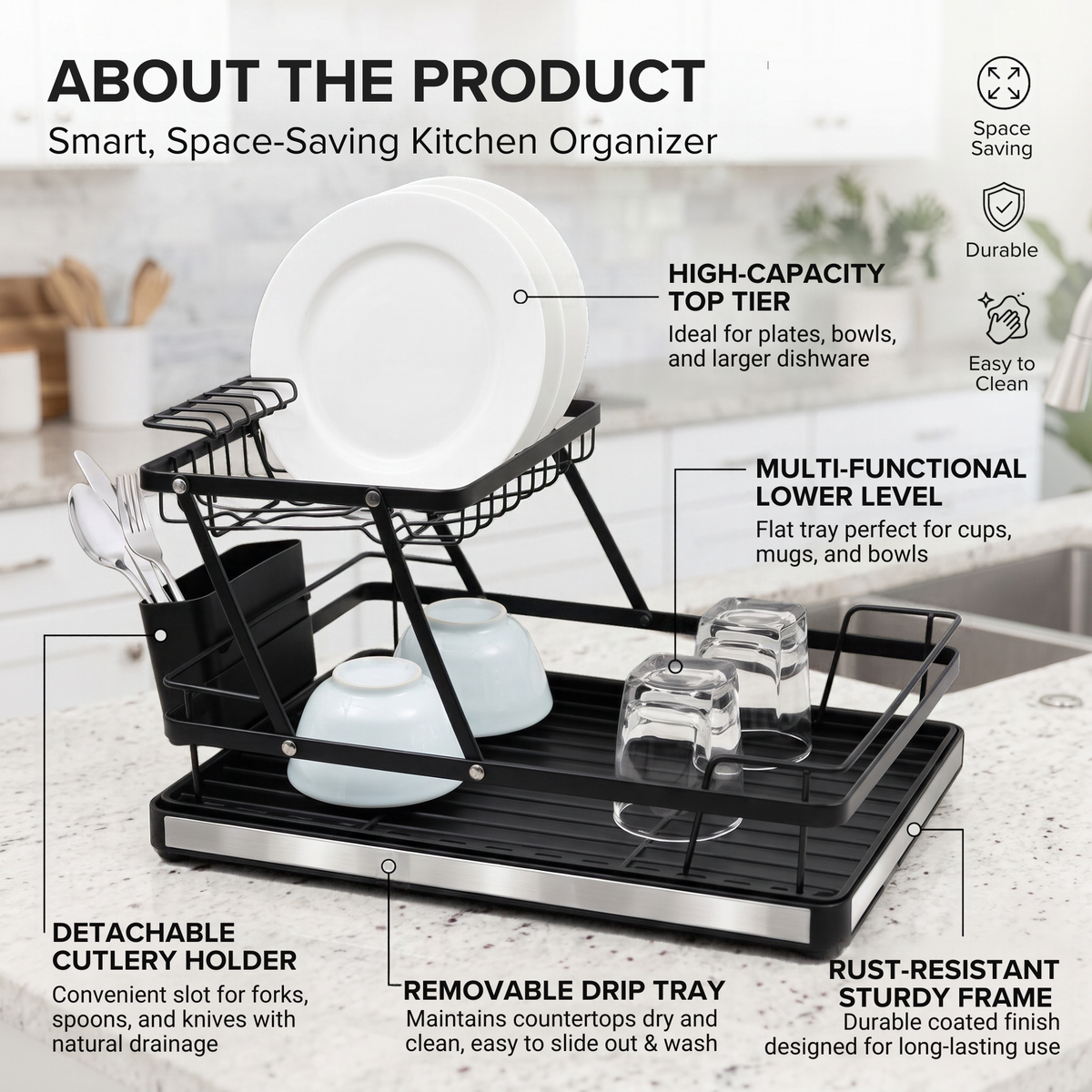 Fingey 2 Tier Folding Dish Drying Rack with Removable Drip Tray, Black Metal Plate Drainer with Cutlery Holder, Space-Saving Foldable Kitchen Dish Rack for Plates, Bowls, Cups and Glasses