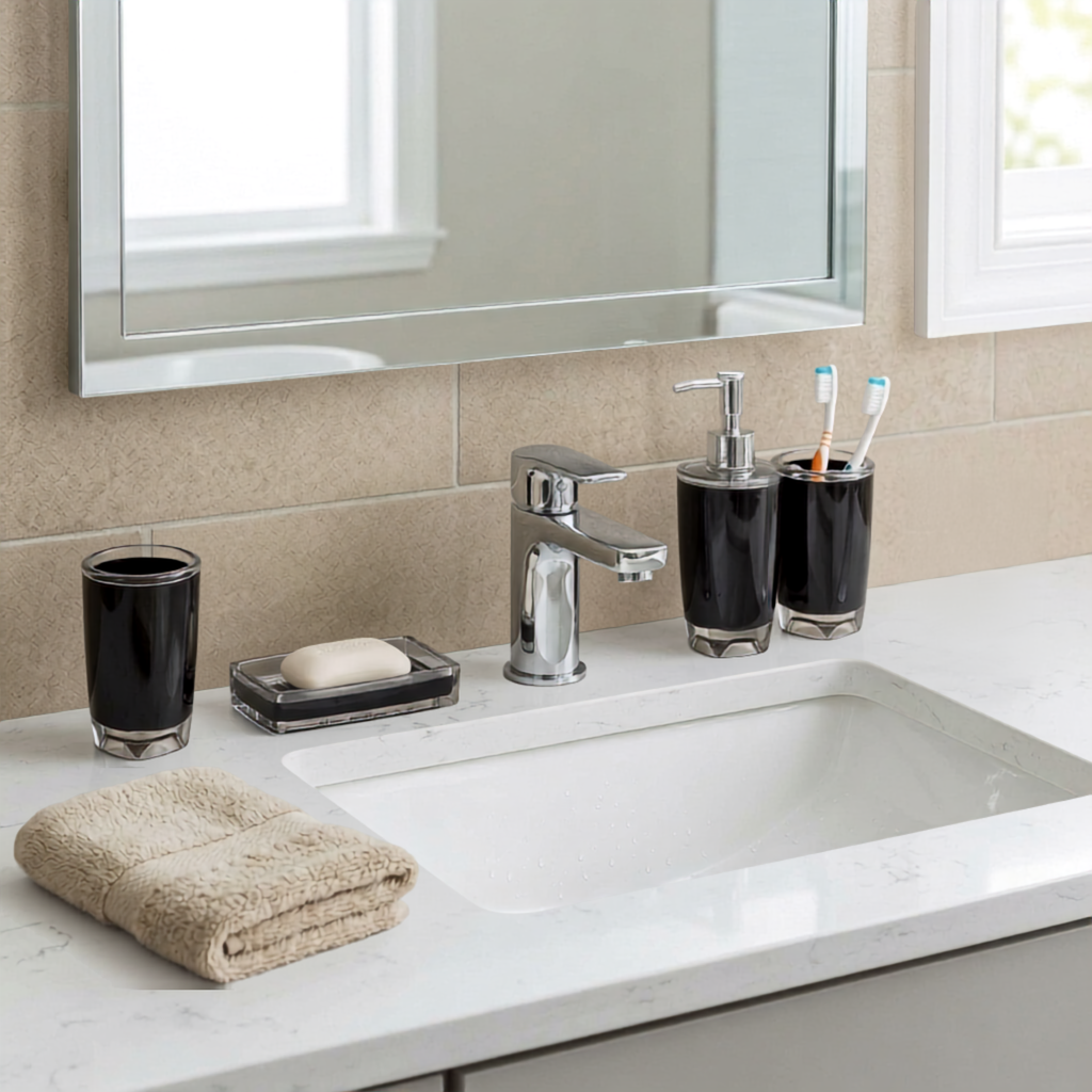 Modern Design 4 Piece Bathroom Accessory Set, Soap Dish, Tooth Brush Holder, Soap Dispenser, Rinse Cup (Black)