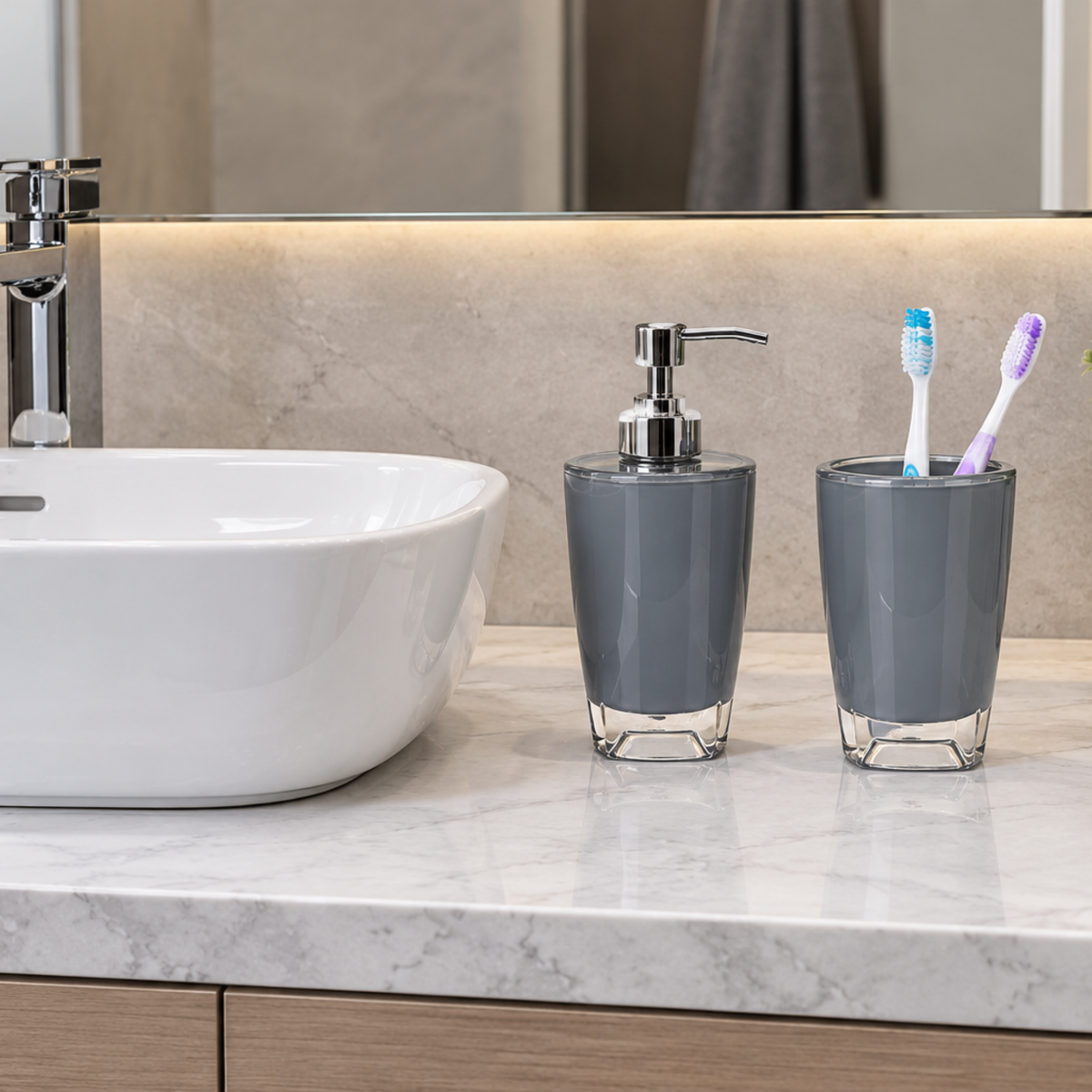 Modern Design 4 Piece Bathroom Accessory Set, Soap Dish, Tooth Brush Holder, Soap Dispenser, Rinse Cup (Grey)